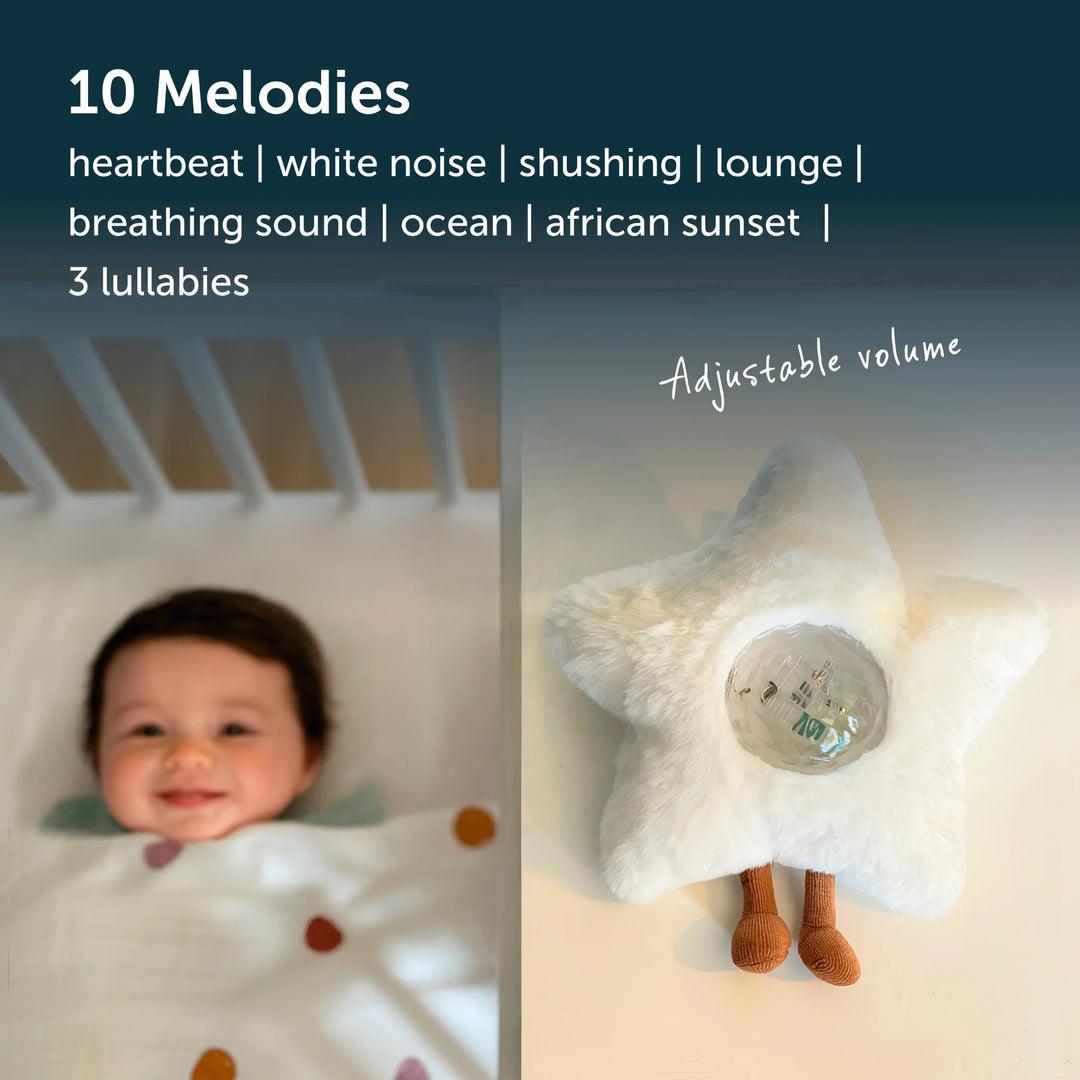 Baby in a crib with a white noise machine and projector labeled &