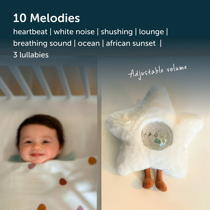 Baby in a crib with a white noise machine and projector labeled &
