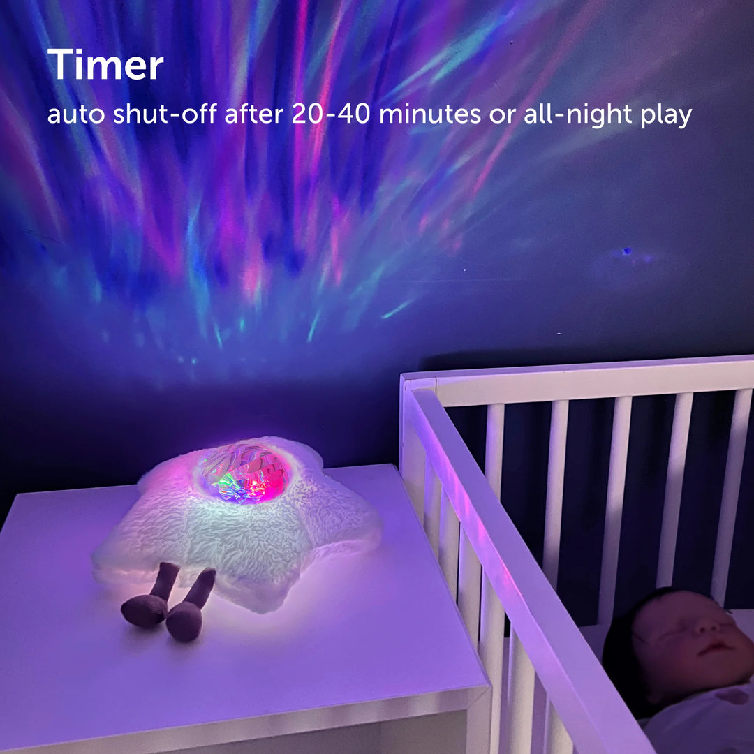 Baby crib with colorful night light, featuring text about timer function.