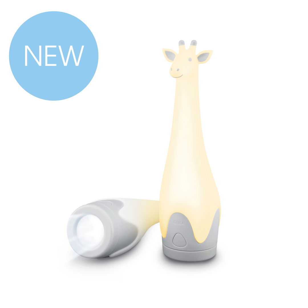 This image shows the ZAZU Gina the Giraffe nightlight and torch on a white background. There is a bubble in the top left corner indicating it is a new product.