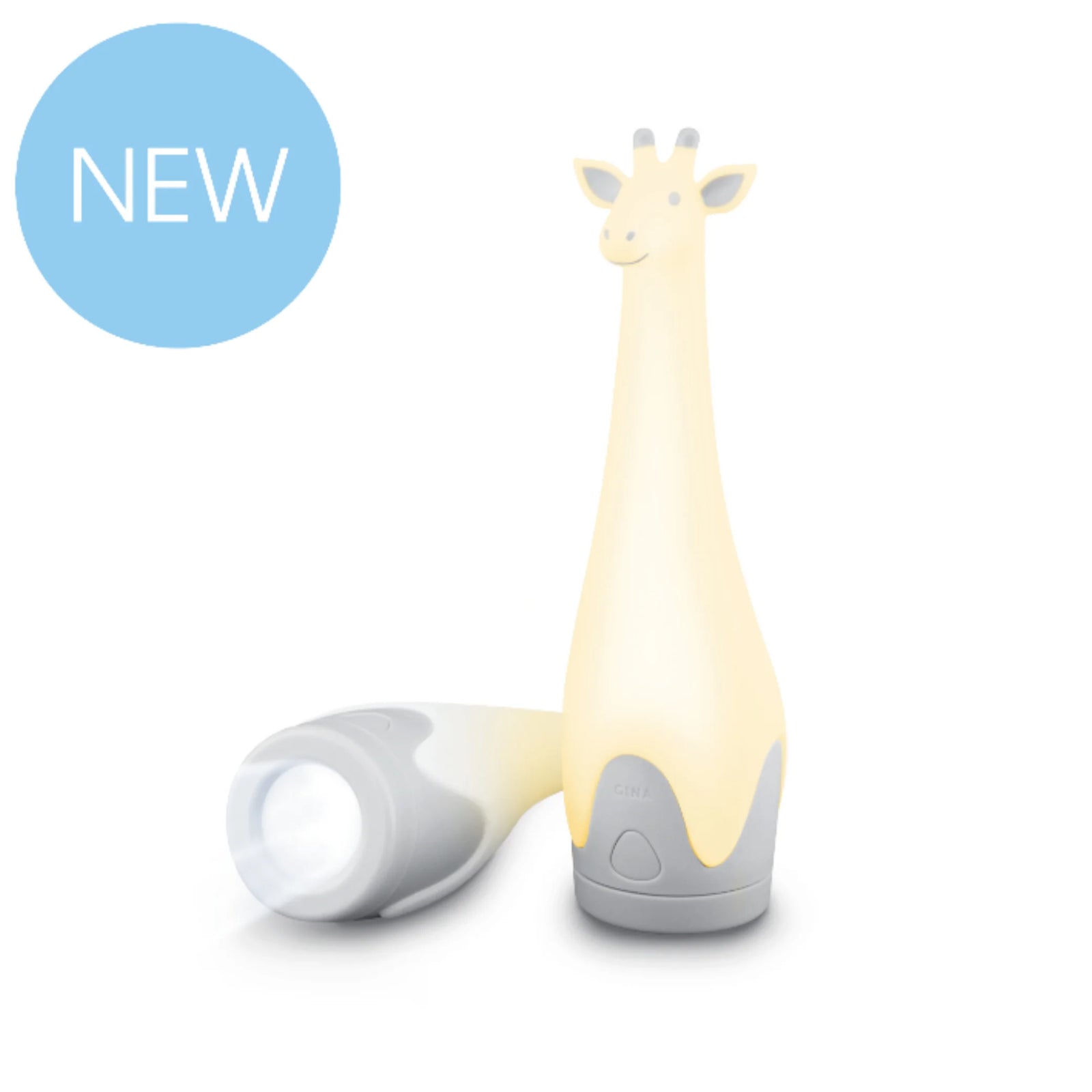 ZAZU Gina the Giraffe nightlight and torch on a white background with a ‘New’ badge.