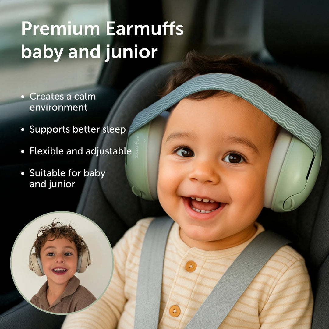 Baby wearing ZAZU Premium Earmuffs (baby and junior) in a car seat, providing hearing protection and noise reduction for calmer travel and better sleep.