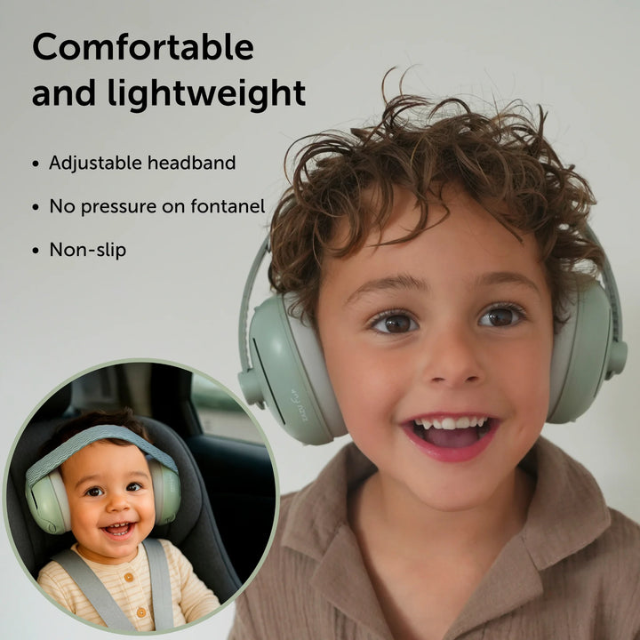 ZAZU Premium Earmuffs for baby and junior – comfortable and lightweight hearing protection with adjustable headband, non-slip fit and no pressure on fontanel, shown on a child.
