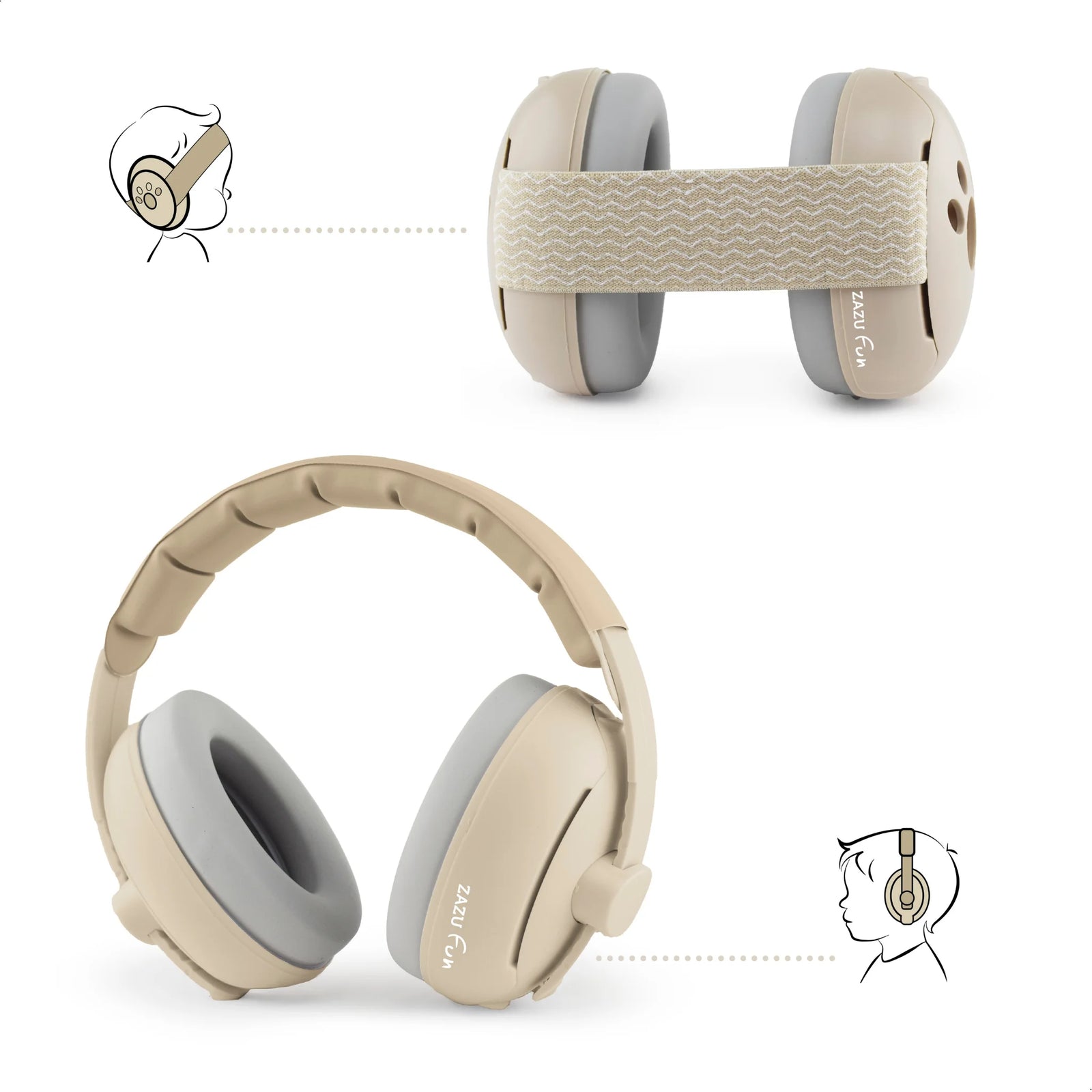 ZAZU baby and junior earmuffs hearing protection in beige, showing adjustable headband and padded ear cups for noise reduction.