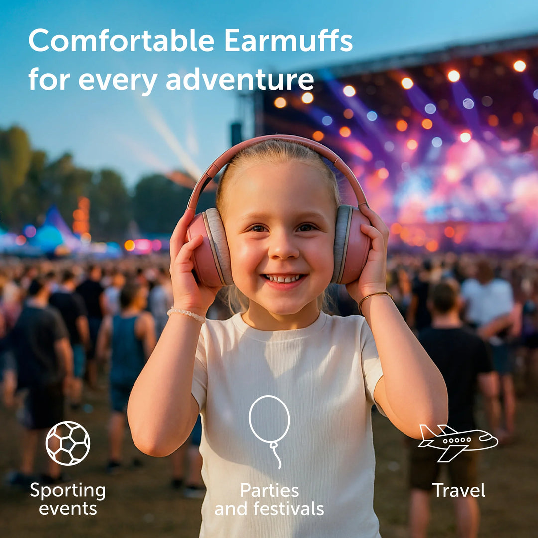 ZAZU kids earmuffs hearing protection for every adventure, shown on a child at a music festival for noise reduction at sporting events, parties and travel.