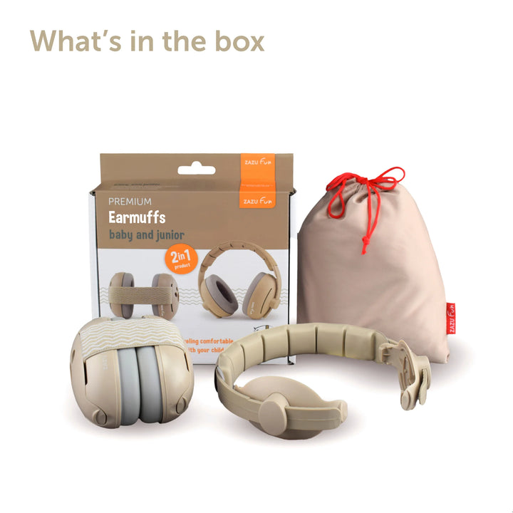 What’s in the box: ZAZU Premium Earmuffs baby and junior hearing protection set with adjustable headband, retail packaging and drawstring storage bag.