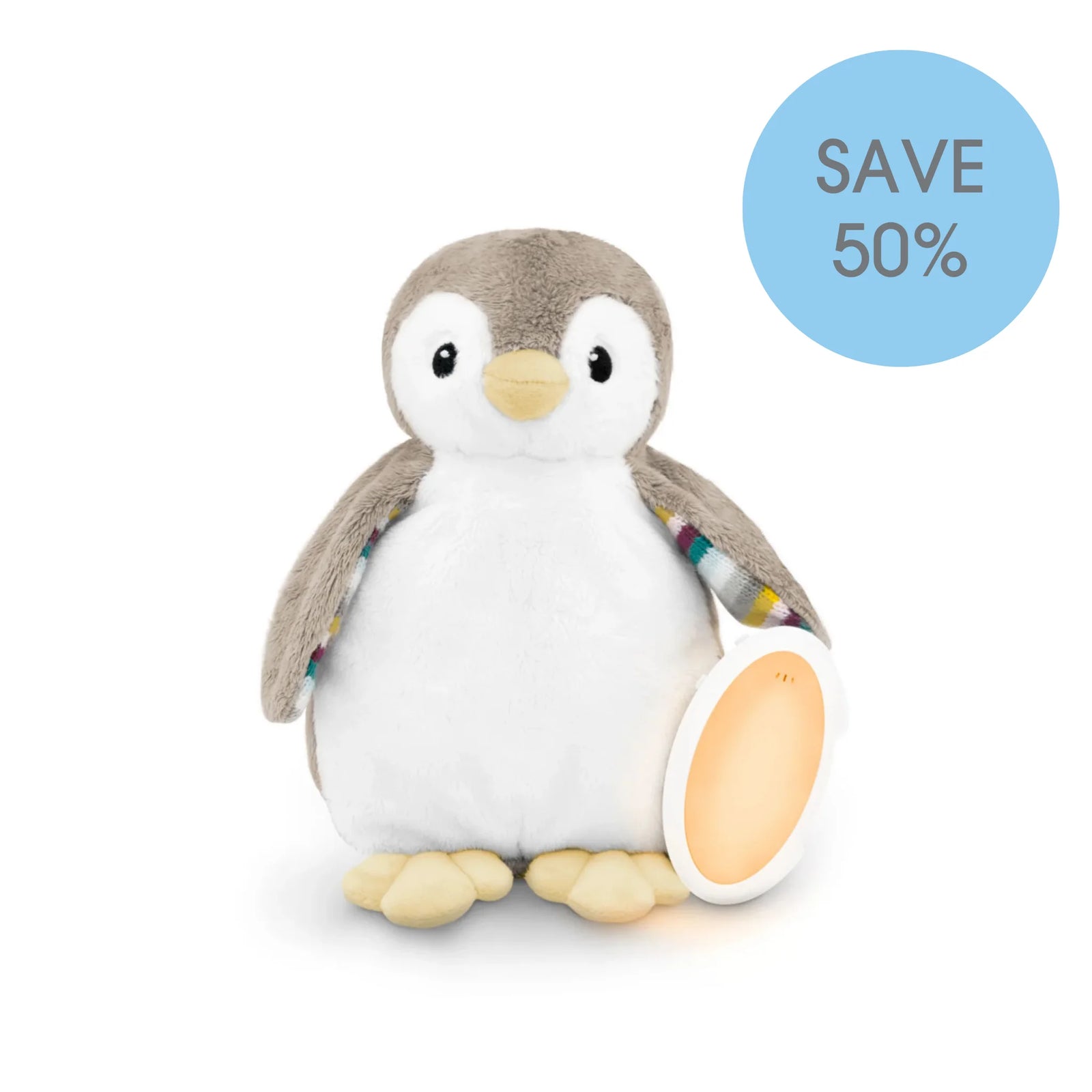 ZAZU Phoebe penguin baby soother with removable sound module, plush penguin toy.