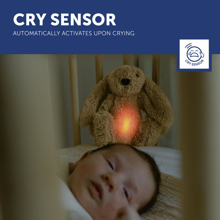 ZAZU Ro the Rabbit Sleep Soother with cry sensor – plush bunny nightlight glows red above a baby in a crib, automatically activating soothing music when baby cries.
