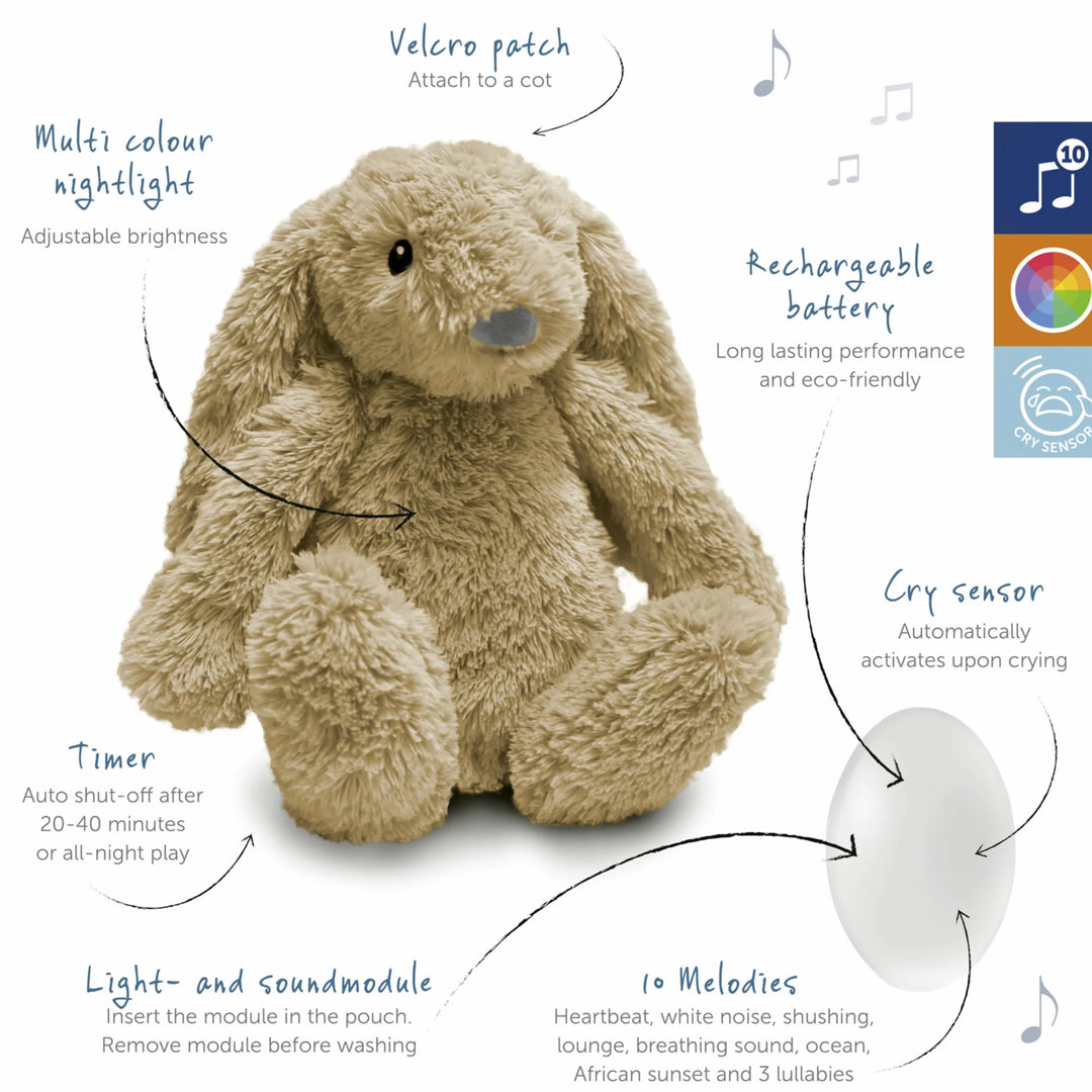 ZAZU Ro the Rabbit Sleep Soother plush bunny night light and sound machine with multicolour light, rechargeable battery, cry sensor, timer, Velcro cot attachment and 10 soothing melodies.