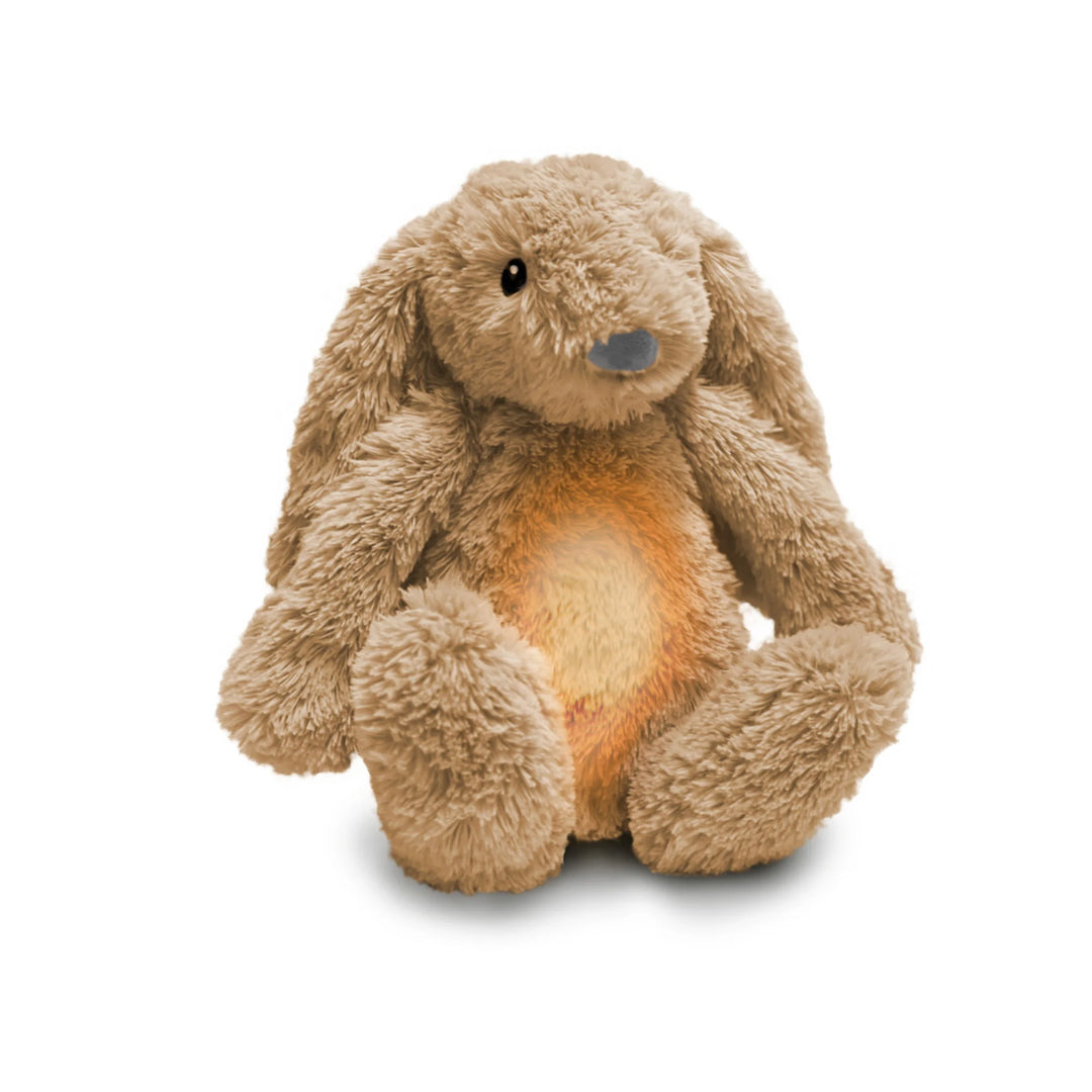 Plush bunny teddy with nightlight module in tummy on white background.