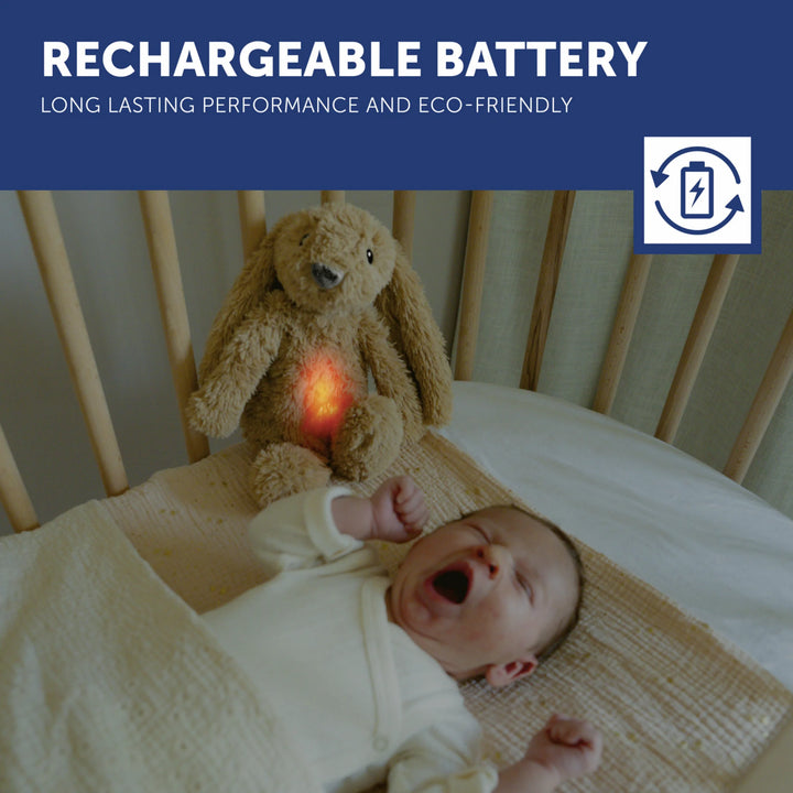 ZAZU Ro the Rabbit Sleep Soother with rechargeable battery – plush bunny nightlight glowing red above a baby in a crib, long-lasting eco-friendly performance.