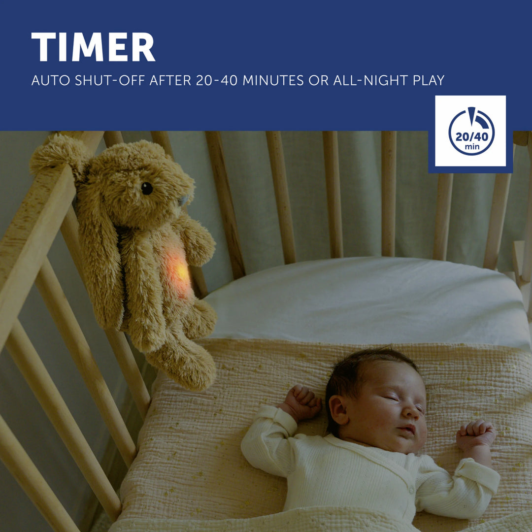 ZAZU Ro the Rabbit Sleep Soother with nightlight and timer (auto shut-off 20–40 minutes or all-night play) hanging on a baby’s crib while newborn sleeps.