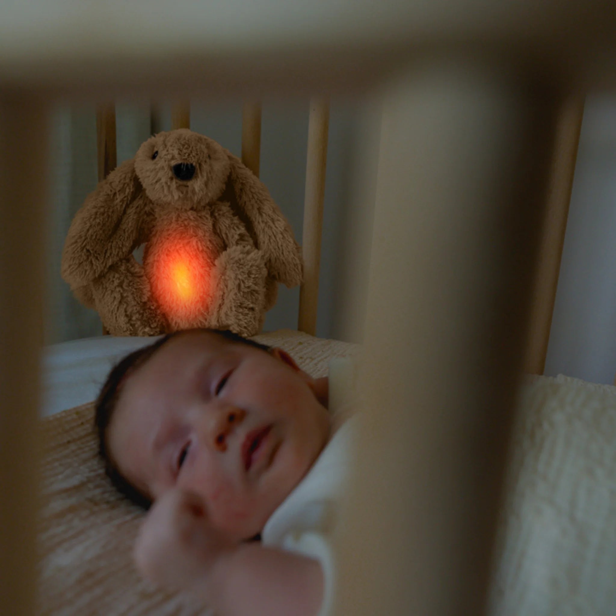 Newborn baby sleeping in a cot with the ZAZU Ro the Rabbit Sleep Soother plush night light and sound machine glowing softly, helping create a calm bedtime routine.