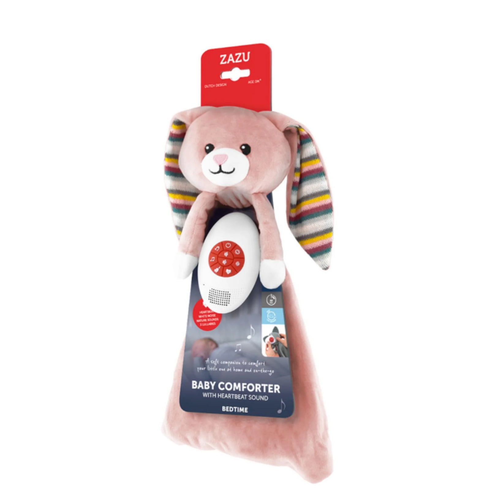 ZAZU Becky baby comforter with heartbeat sound, pink bunny comforter with striped ears (packaged).