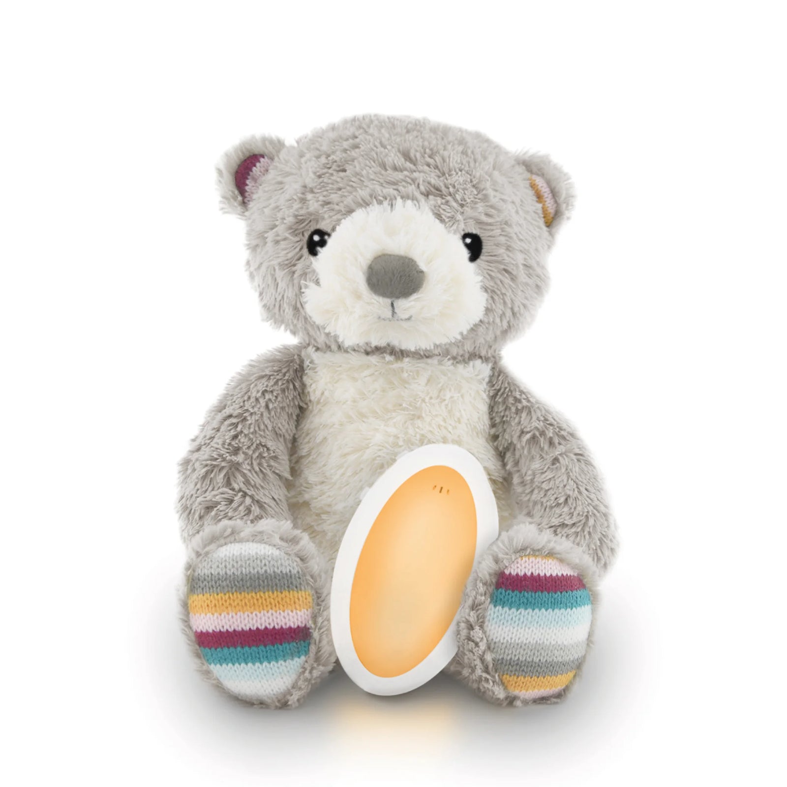 “Zazu Bruno Baby Soother — soft grey plush teddy bear with striped paws holding a warm-glow night light, designed to comfort babies and help them sleep.”