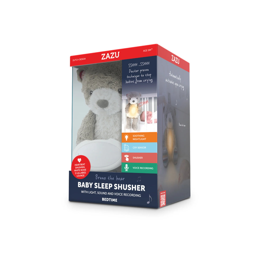 “ZAZU Bruno Baby Sleep Shusher packaging showing teddy bear soother with nightlight, cry sensor, shusher sounds and voice recording features.”