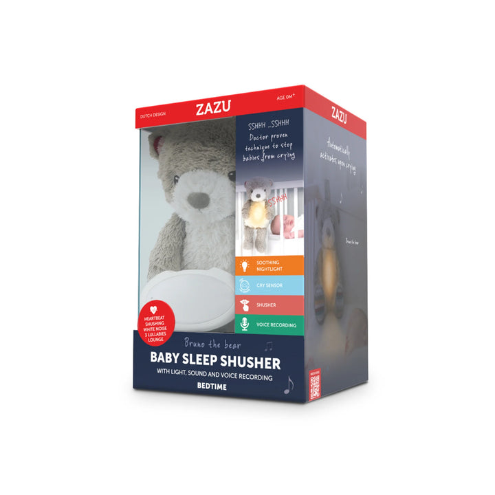 “ZAZU Bruno Baby Sleep Shusher packaging showing teddy bear soother with nightlight, cry sensor, shusher sounds and voice recording features.”