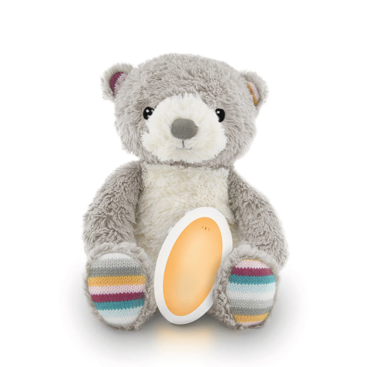 “ZAZU Bruno bear baby soother plush with warm glowing nightlight designed to comfort newborns and help babies sleep.