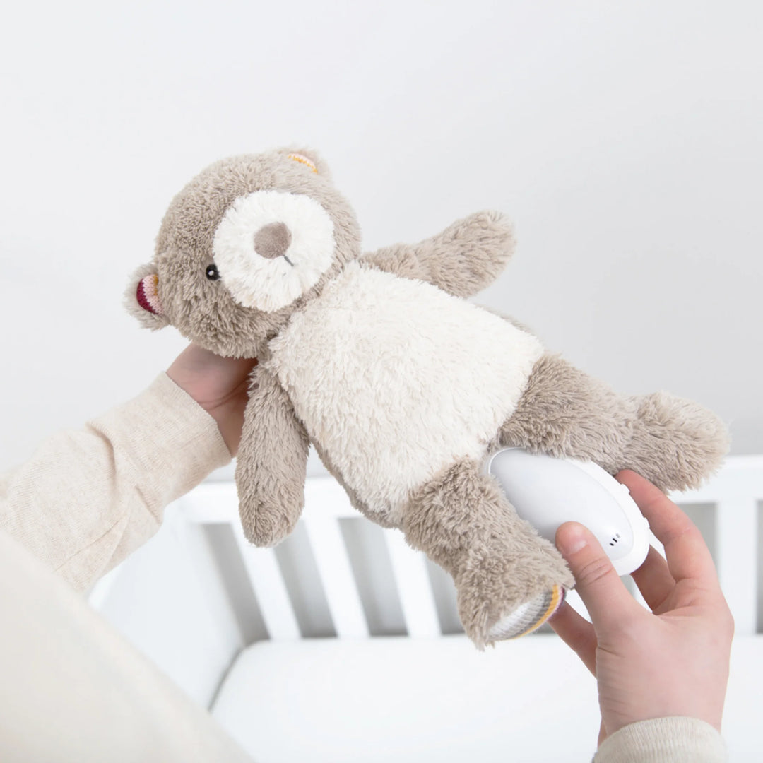 “ZAZU Bruno plush bear baby soother with removable sound and nightlight module being placed inside.”