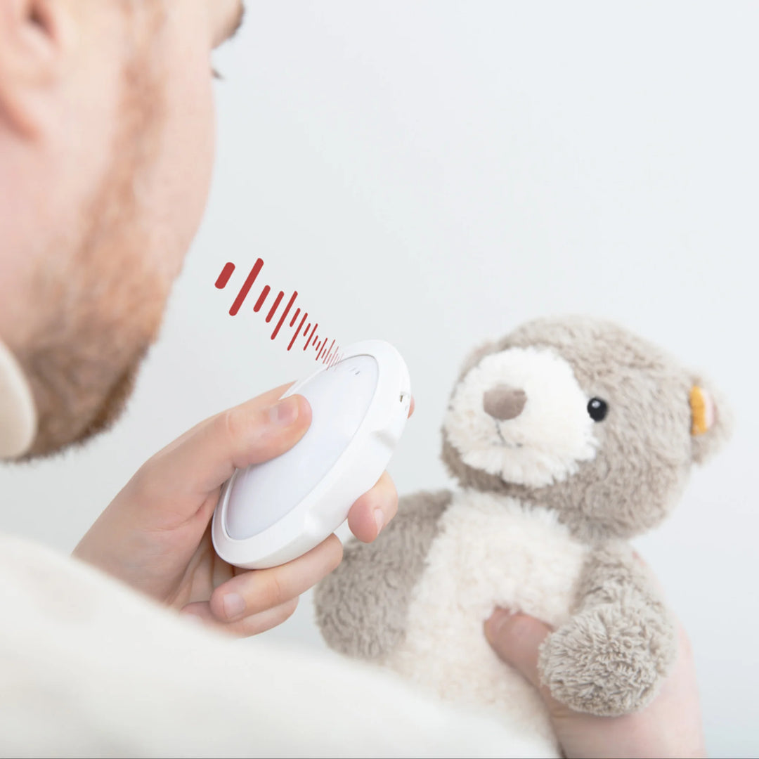 “Zazu Bruno Baby Soother – parent recording voice on detachable sound module before placing it inside the plush teddy bear, featuring voice recording and playback function to comfort babies
