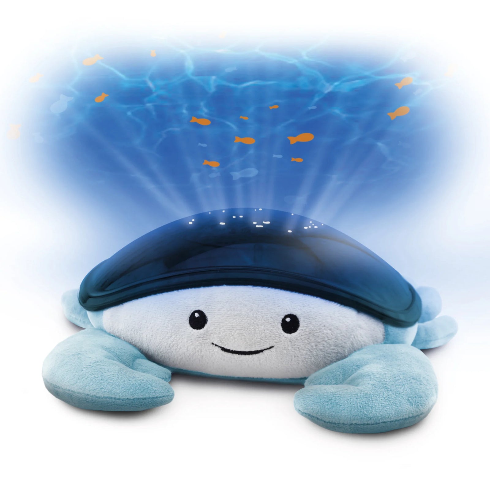 Zazu Cody Ocean Projector – plush blue crab nightlight projecting soothing underwater ocean waves and swimming fish patterns to help babies and children relax and fall asleep.