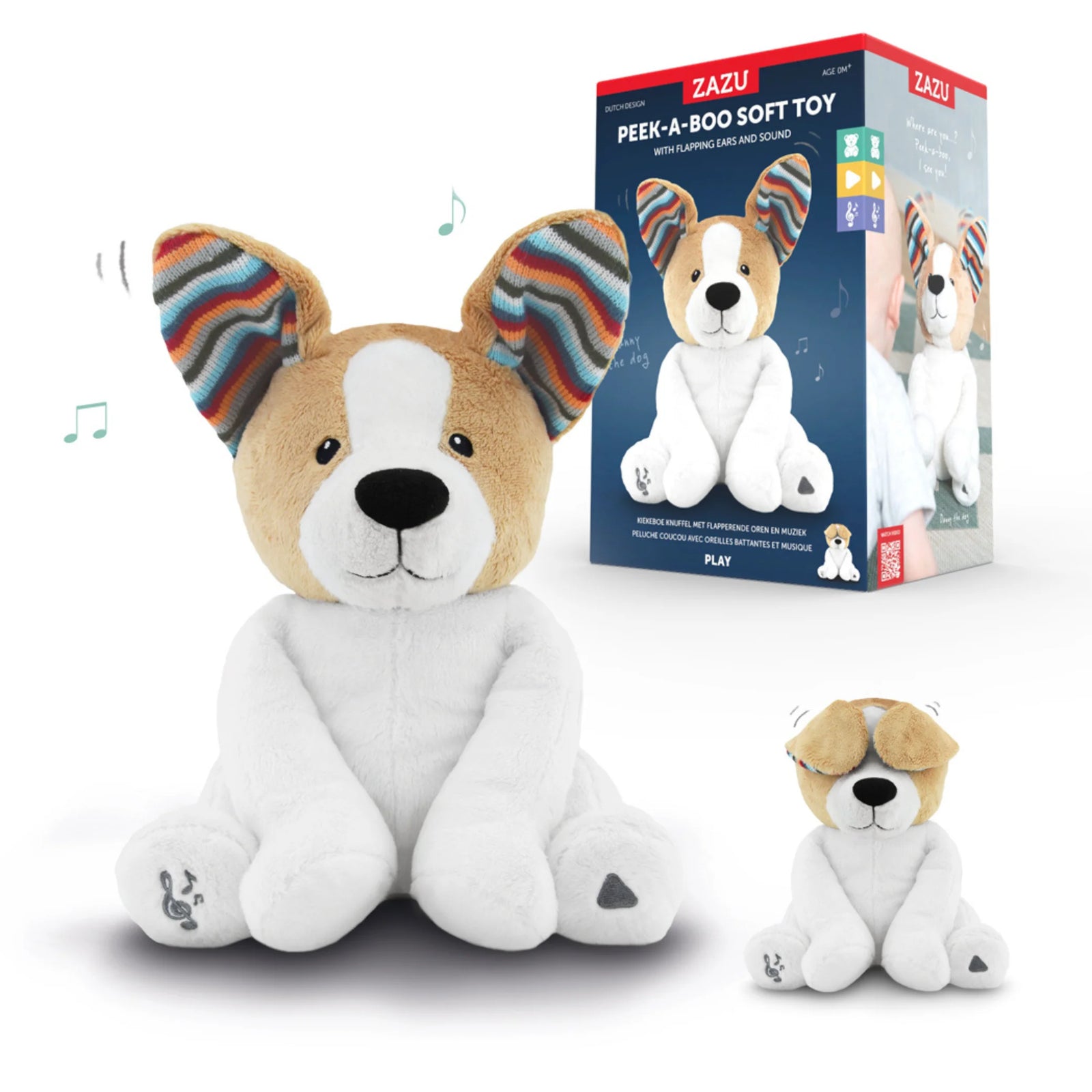 ZAZU Danny Peek-a-Boo Soft Toy – interactive plush dog with flapping ears and playful peek-a-boo sound, perfect baby gift for sensory play and learning; shown with packaging box highlighting musical and movement features.