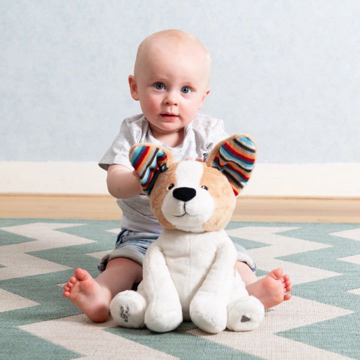 Baby playing with ZAZU Danny Peek-a-Boo Soft Toy, an interactive plush dog with flapping ears and cheerful music, designed to entertain and comfort infants and toddlers during playtime.