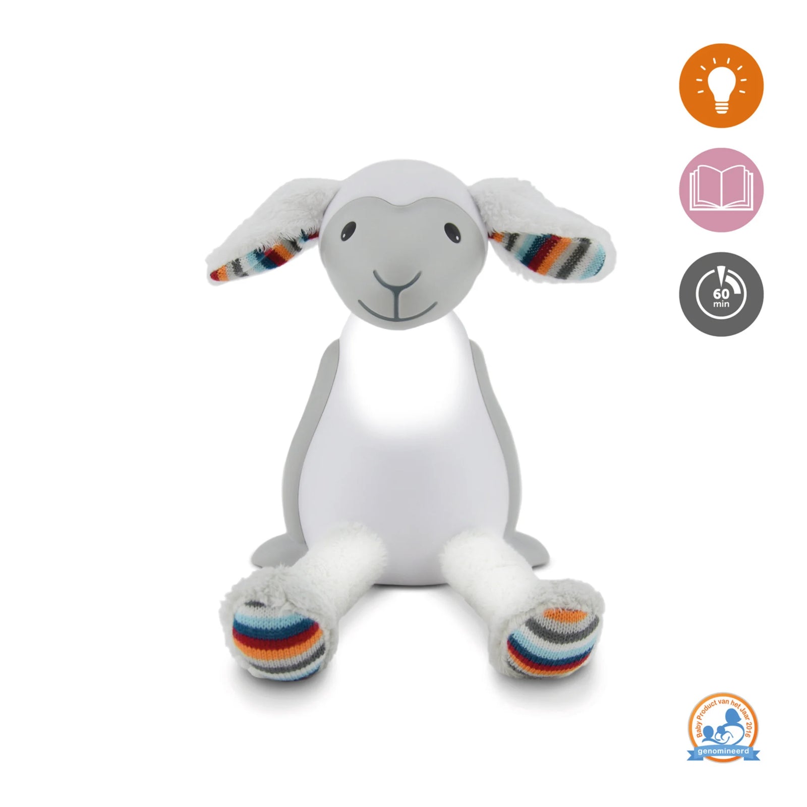 ZAZU Fin the Sheep Soft Toy Nightlight — cute grey and white plush nightlight for babies and toddlers featuring a soft glow, 60-minute timer, and reading light function. Ideal sleep aid and bedtime comfort toy for children, designed to create a calm nighttime atmosphere.