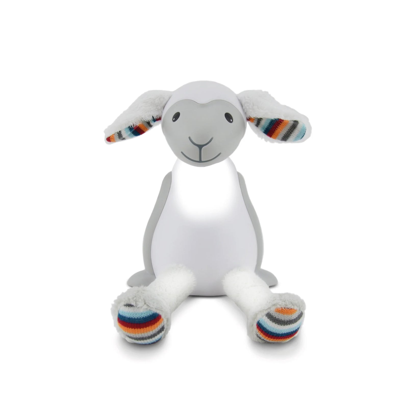 ZAZU Fin the Sheep Soft Toy Nightlight — adorable grey and white plush sheep nightlight for babies and toddlers, featuring a gentle glow and colorful striped ears and feet. Perfect comforting bedtime companion and sleep aid for children.
