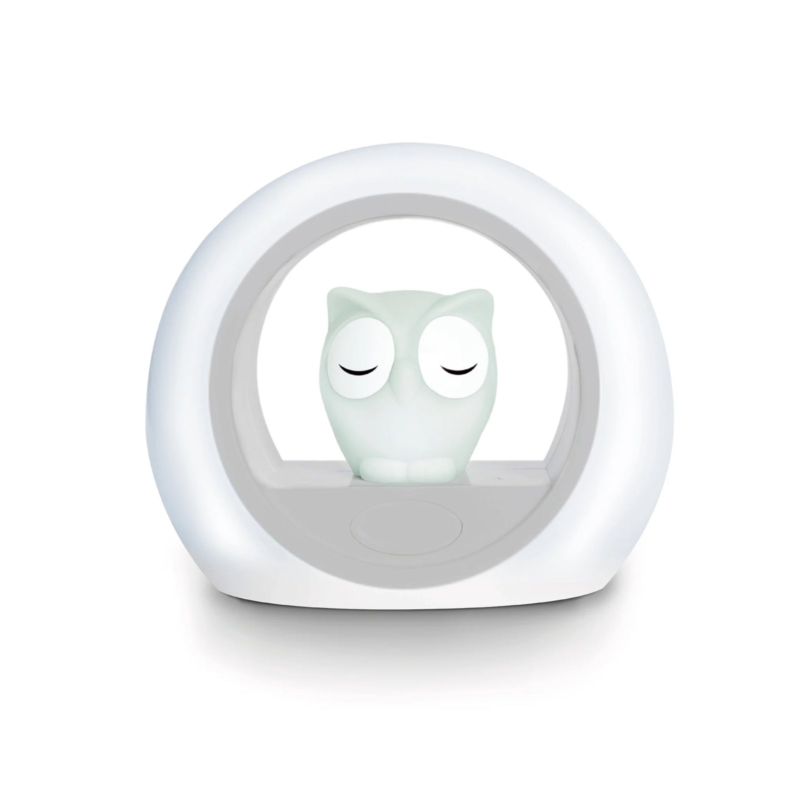 Zazu Lou Nightlight – soft glowing owl nightlight inside circular white frame, designed to comfort babies and toddlers with adjustable brightness and sleep-friendly light