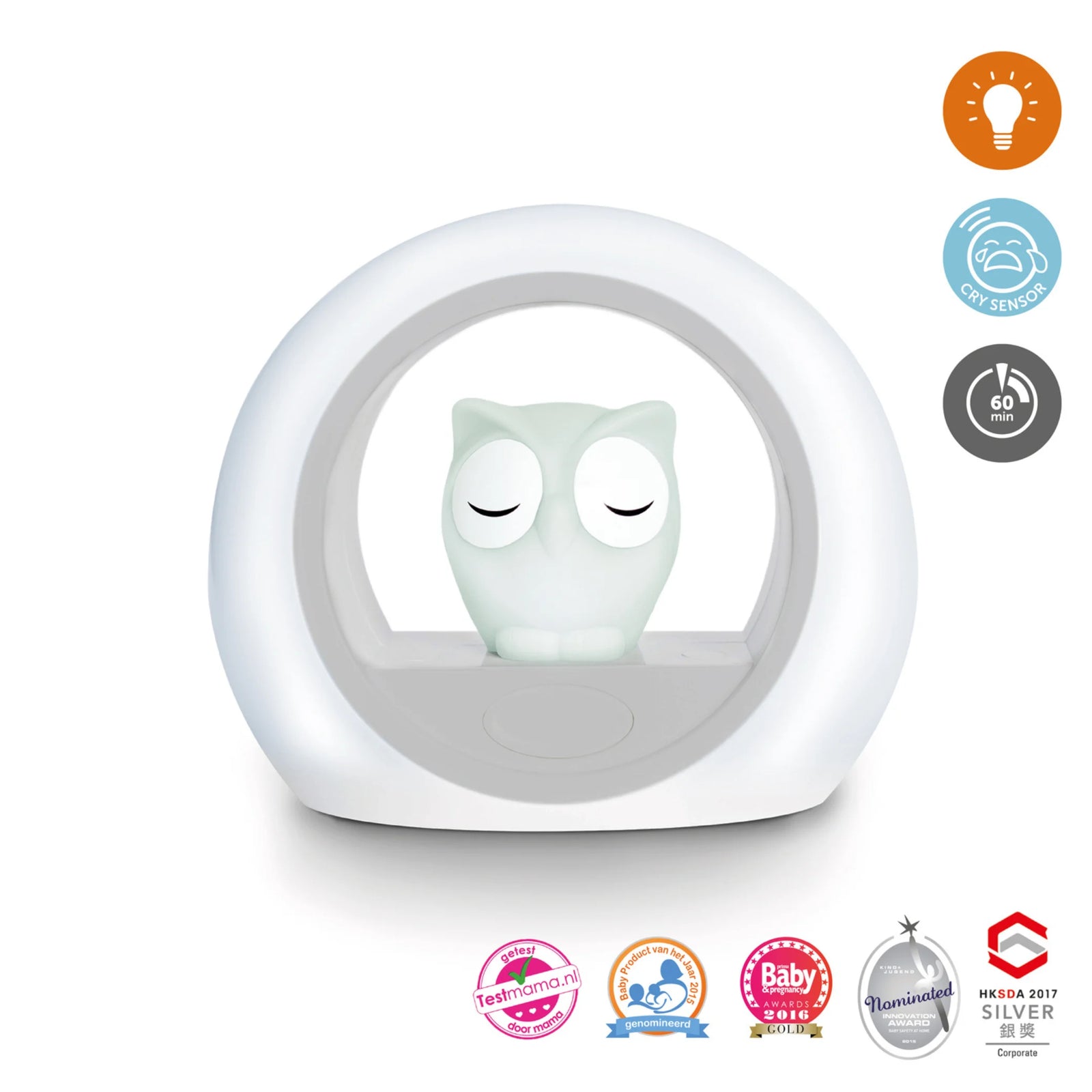 Zazu Lou Nightlight – award-winning owl nightlight with cry sensor, adjustable brightness, and automatic 60-minute timer, designed to comfort babies and toddlers at bedtime.