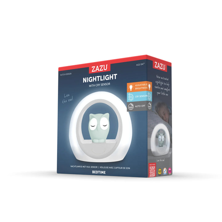 Zazu Lou Nightlight in retail packaging – owl-shaped baby nightlight with adjustable brightness, cry sensor, and auto-off timer, designed to comfort babies and toddlers during sleep