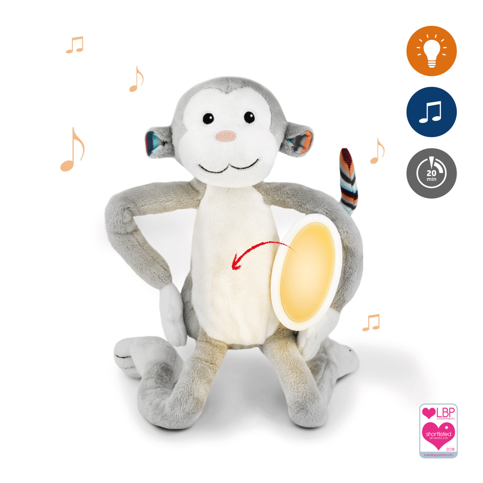 ZAZU Max the Monkey Soft Toy Nightlight featuring warm glow belly light, soothing lullabies, and 20-minute auto shut-off timer. Plush baby sleep aid toy designed to comfort infants and toddlers with gentle lighting and calming music, ideal for bedtime routines and nursery decor.