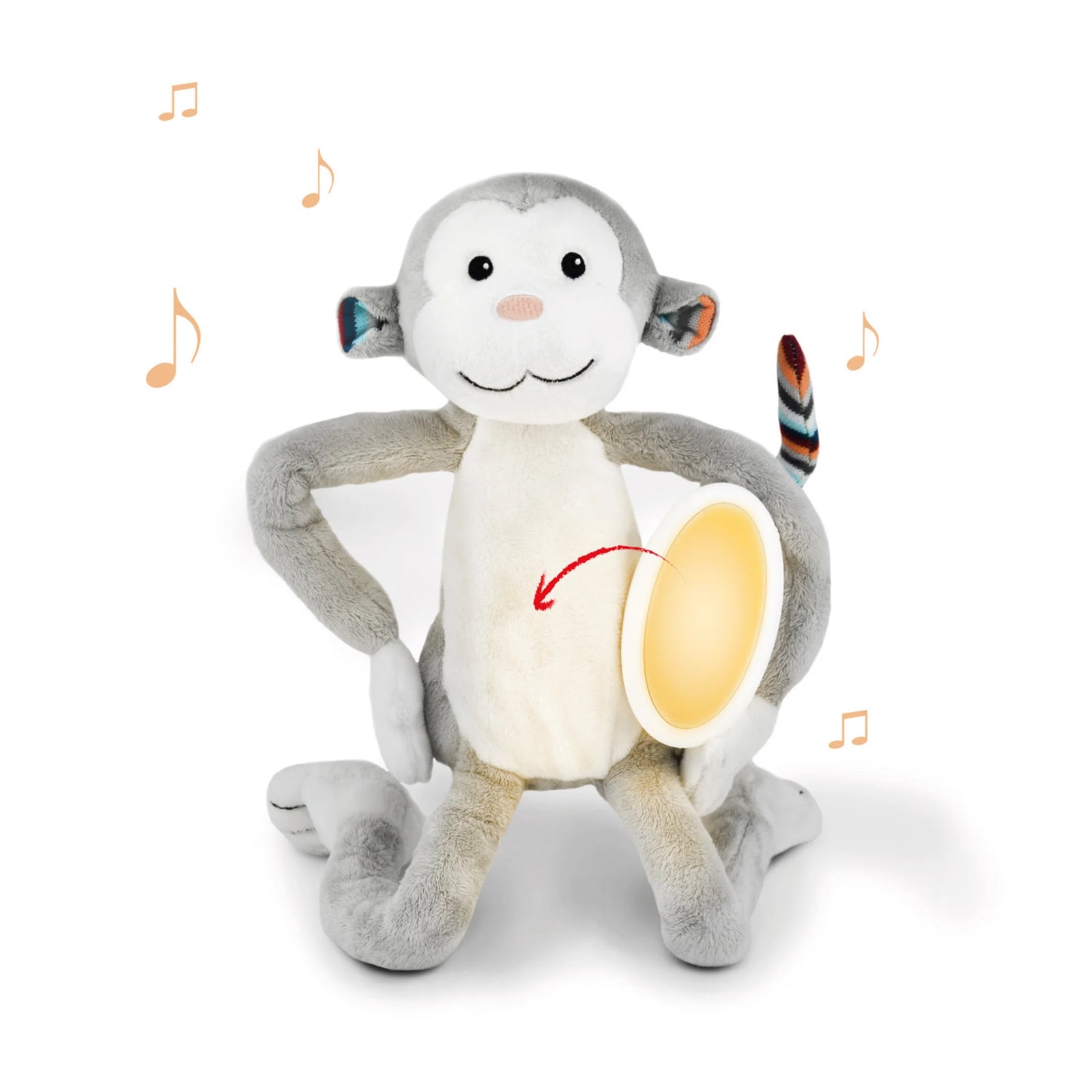 Zazu Max soft toy nightlight shaped like a grey plush monkey, featuring a warm amber removable nightlight in its belly and musical notes illustrating built-in soothing sound features.