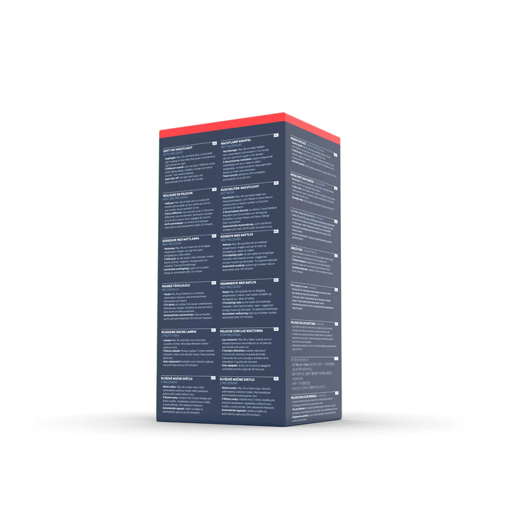 Back of the Zazu Max soft toy nightlight packaging showing detailed product information, multilingual instructions, features and safety guidelines on a tall blue box with red top.