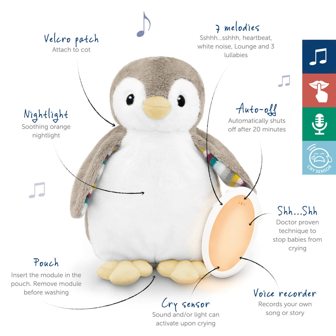 ZAZU Phoebe penguin baby soother with labelled features including velcro cot attachment, orange nightlight, pouch for sound module, cry sensor, voice recorder, shushing sound, auto-off timer and 7 soothing melodies.