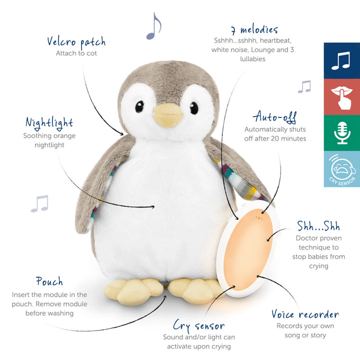 ZAZU Phoebe penguin baby soother with labelled features including velcro cot attachment, orange nightlight, pouch for sound module, cry sensor, voice recorder, shushing sound, auto-off timer and 7 soothing melodies.