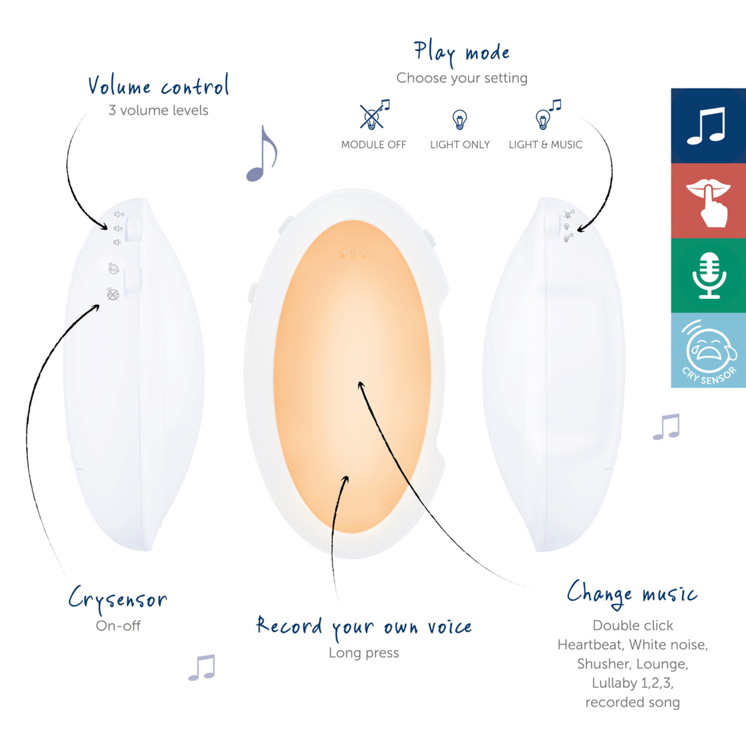 ZAZU Phoebe baby soother control panel showing features: adjustable volume control, cry sensor on/off switch, record your own voice function, play mode options for light and music, and music selection including heartbeat, white noise, shusher, lounge, lullabies, and recorded songs. Illustrated baby sleep aid instructions for parents.