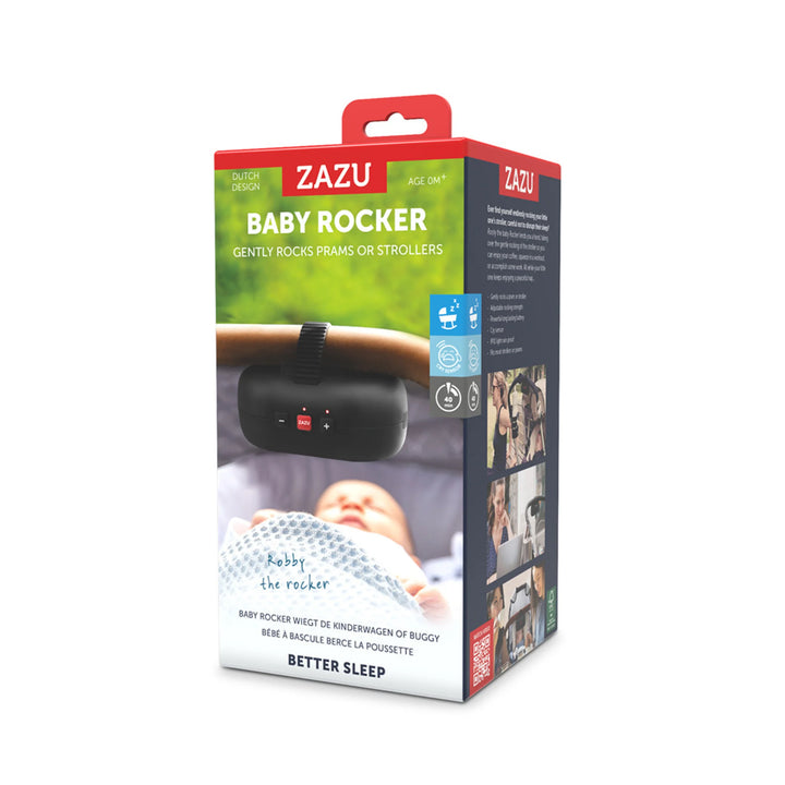 ZAZU Robby the Rocker baby rocker packaging showing portable automatic pram and stroller rocker that gently soothes babies to sleep, featuring adjustable rocking settings, USB charging, and modern Dutch design for better baby sleep and relaxation.