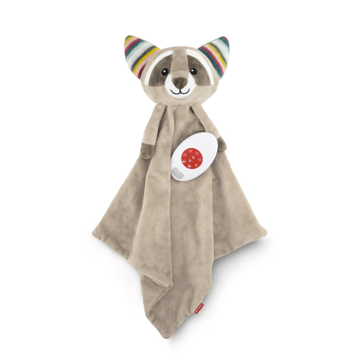 ZAZU Robin raccoon baby comforter with soft plush blanket and built-in soothing sound module, featuring colourful striped ears  calming sleep aid for newborns and infants.