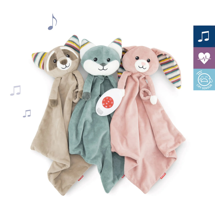 ZAZU baby comforters trio - Robin the raccoon, Dex the dog and Liz the bunny - soft plush security blankets with soothing sound module, heartbeat mode, lullabies and cry sensor features for newborn sleep.