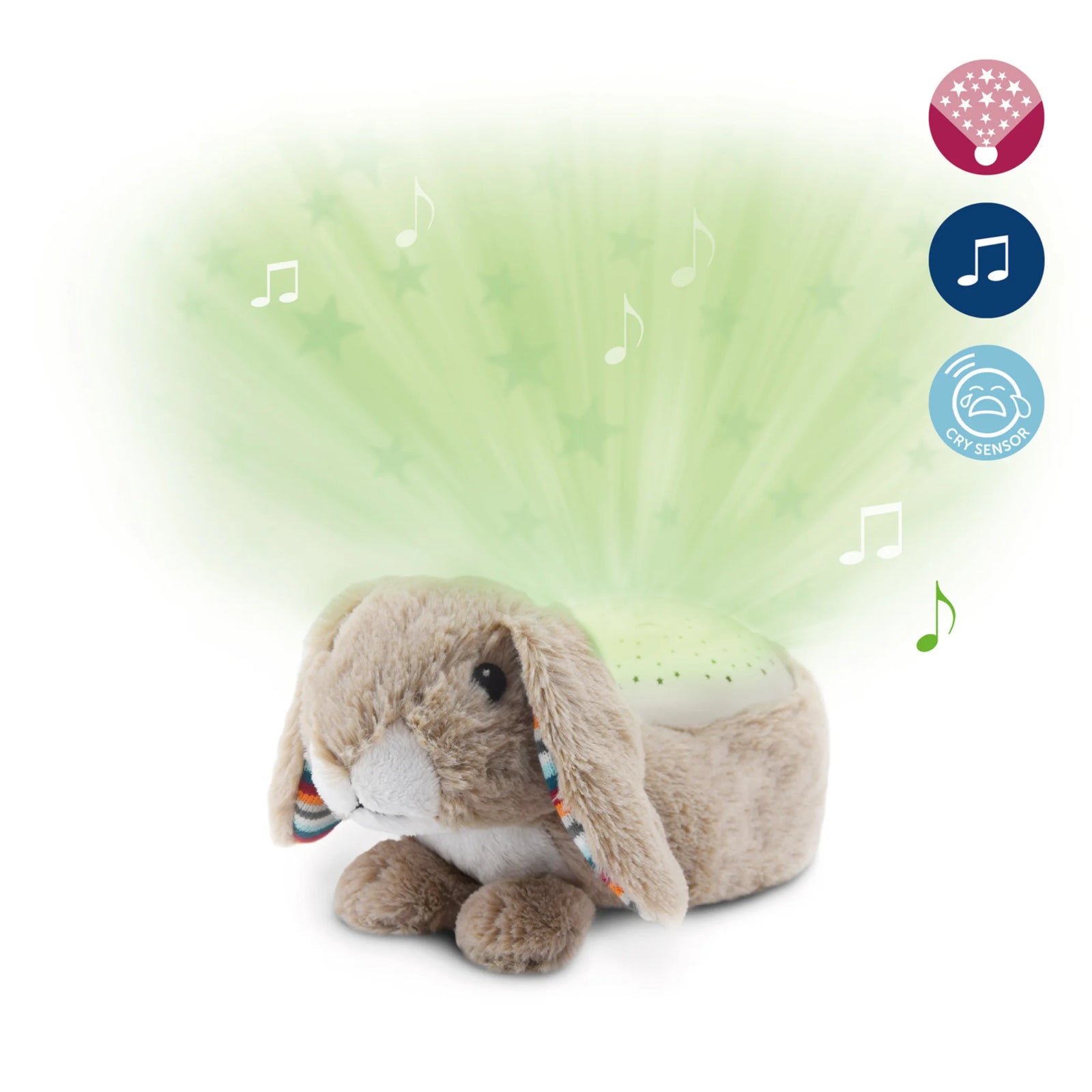 “Zazu Ruby Star Projector – plush rabbit nightlight projecting soothing multicolour stars with calming melodies and cry sensor to help babies and toddlers sleep peacefully.