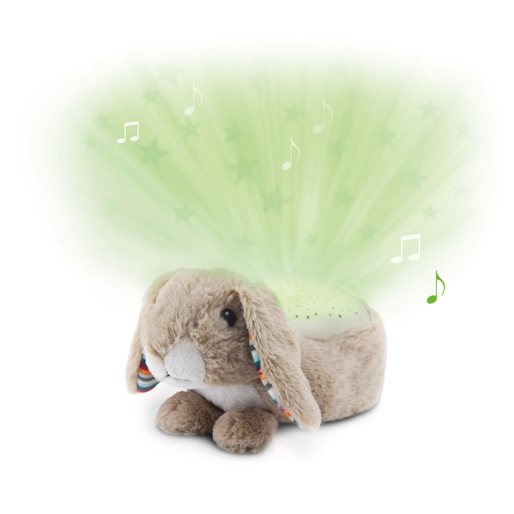 Zazu Ruby Star Projector – soft plush bunny nightlight projecting soothing green stars with gentle lullabies and cry sensor to comfort babies and help them sleep.