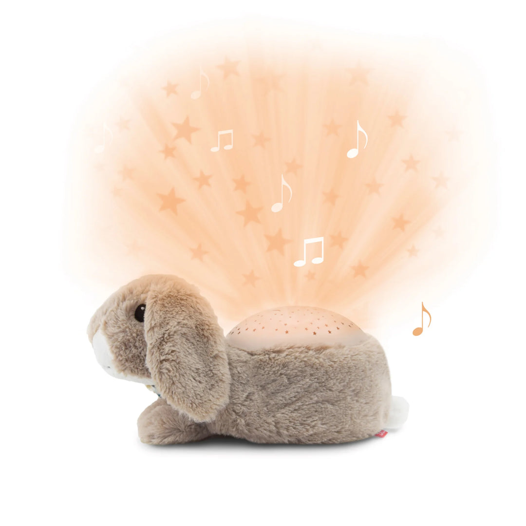 Zazu Ruby Star Projector plush bunny nightlight projecting warm orange stars with calming melodies and cry sensor to soothe babies and help them sleep peacefully.