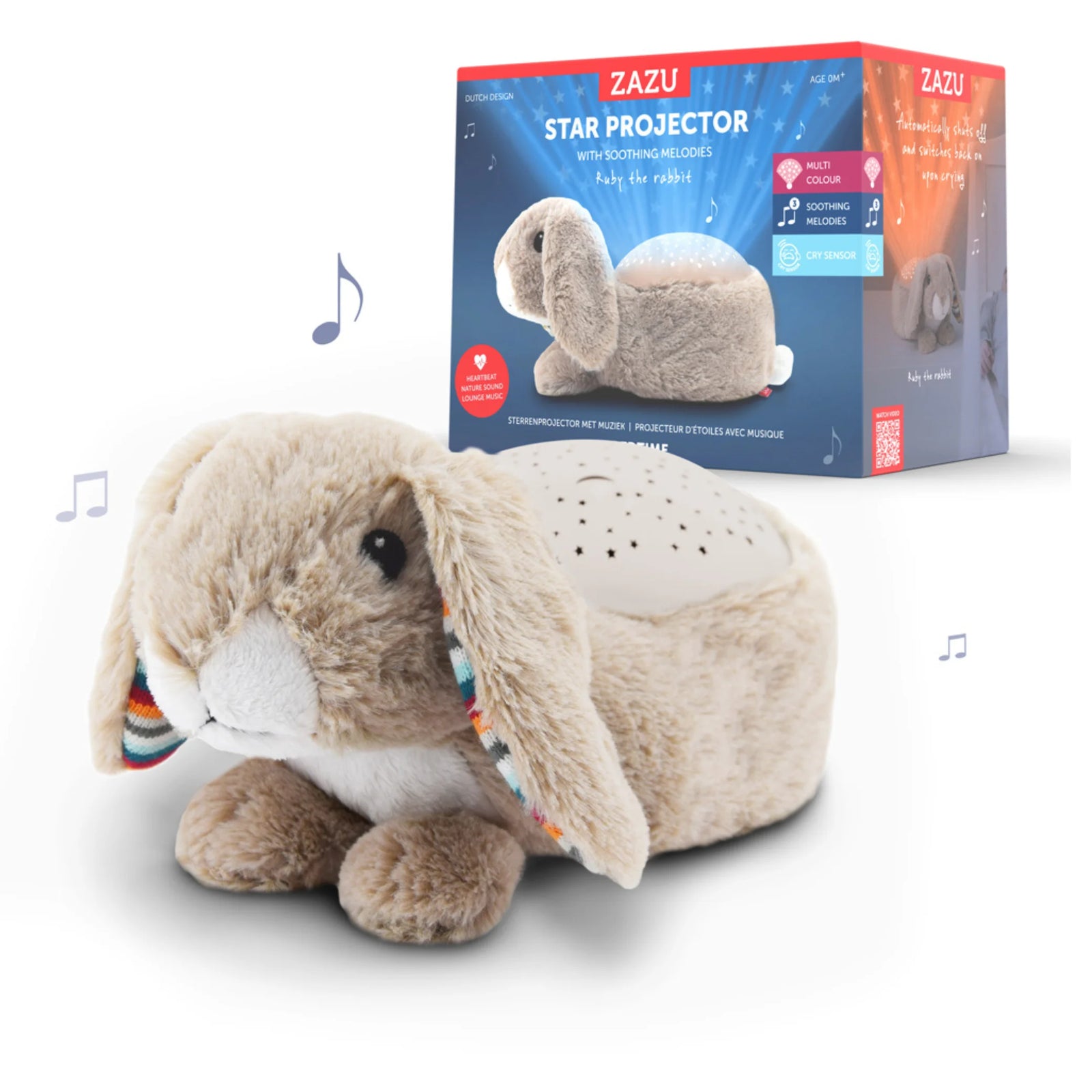 Zazu Ruby Star Projector – soft plush rabbit nightlight with multicolour star projection, soothing melodies, and cry sensor, designed to comfort babies and toddlers at bedtime