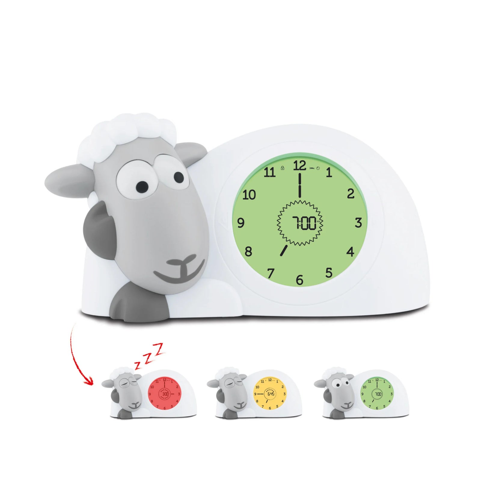 ZAZU Sam the Sheep sleep trainer clock for children, showing green wake-up mode on the main display with additional red, yellow, and green sleep training light options illustrated below.
