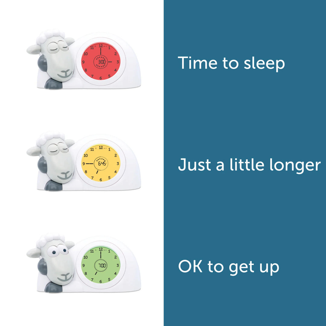 ZAZU Sam the Sheep sleep trainer clock showing the three colour modes—red for ‘Time to sleep,’ yellow for ‘Just a little longer,’ and green for ‘OK to get up’- displayed side by side for clear toddler sleep training guidance.
