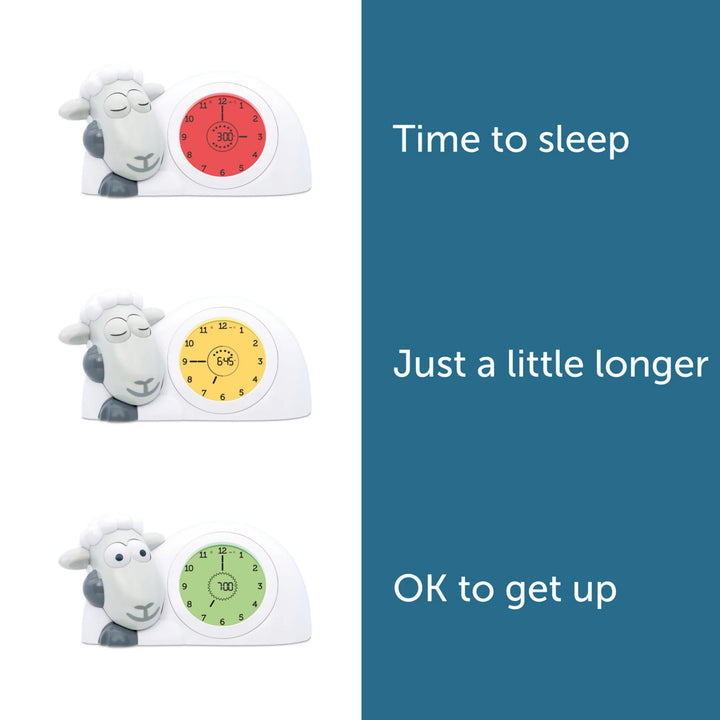 ZAZU Sam the Sheep sleep trainer clock showing the three colour modes—red for ‘Time to sleep,’ yellow for ‘Just a little longer,’ and green for ‘OK to get up’- displayed side by side for clear toddler sleep training guidance.
