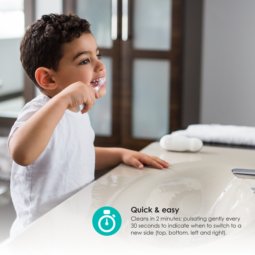 BBLuv Sonik Electric toothbrush is quick and easy, it cleans in 2 minutes, pulsating gently every 30 seconds to indicate when to switch to a new side (top, bottom, left and right).