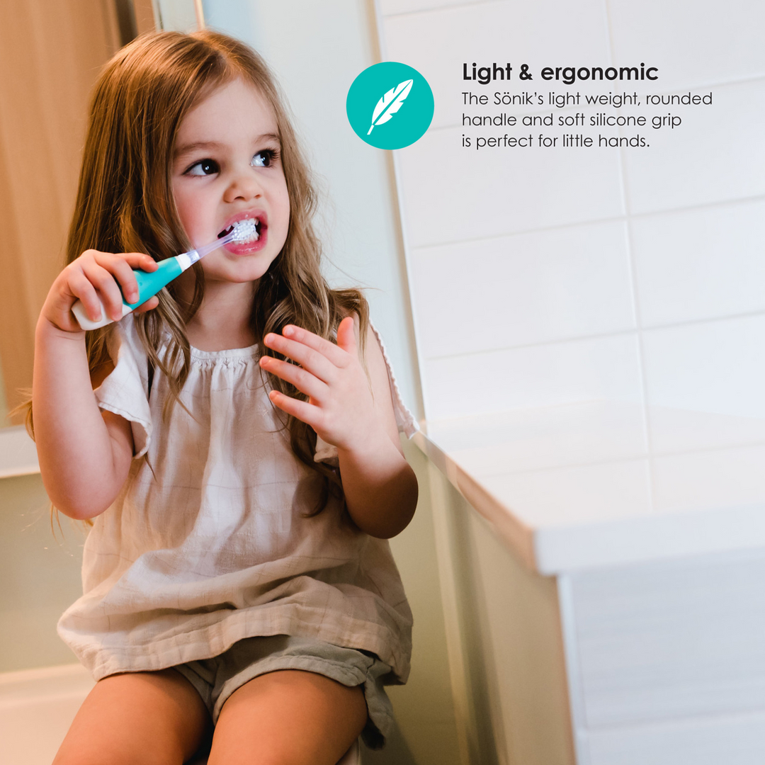 BBLuv Sonik Electric Toothbrush is light and ergonomic. The sonik's light weight, rounded handle and soft silicone grip is perfect for little hands